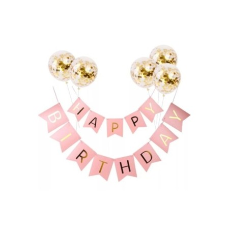 Happy Bırthday Pembe Gold Banner Gold Konfetili Şeffaf Balon Seti