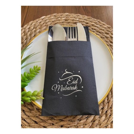 Gümüş Siyah Cepli Eid Mubarak Peçete 12 Adet 40x40