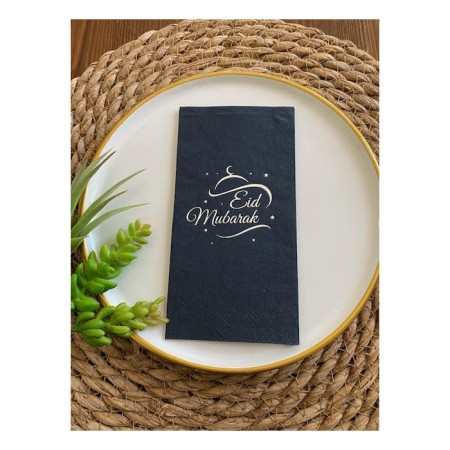 Gümüş Yaldızlı Siyah Eid Mubarak Peçete 16 Adet