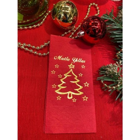 Gold Yaldızlı Kırmızı Mutlu Yıllar Çam Ağacı Peçete