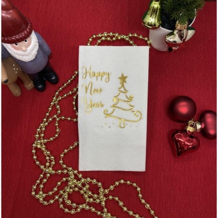 Gold Yaldızlı Beyaz Happy New Year Çam Ağacı Peçete