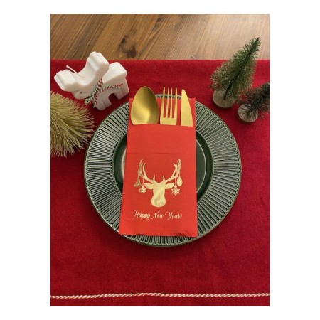 Gold Kırmızı Cepli Aır Touch Yılbaşı Geyik Modeli Peçete 12 Adet 40x40