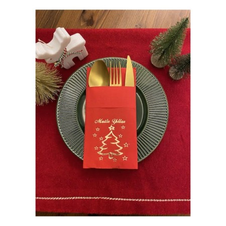 Gold Yaldızlı Kırmızı Mutlu Yıllar Cepli Aır Touch Peçete 12 lı 40x40