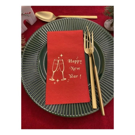 Gold Yaldızlı Kırmızı Yılbaşı Kadeh Happy New Year Peçete 16 lı