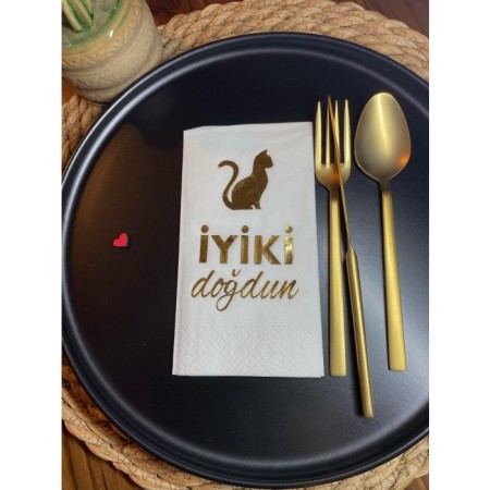Gold Yaldızlı Beyaz Kedi İyi Ki Doğdun Garson Katlama Peçete 16 lı