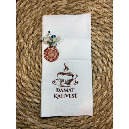 Rose Gold Yaldızlı Beyaz Mühürlü Çiçekli Damat Kahvesi Cepli Peçete