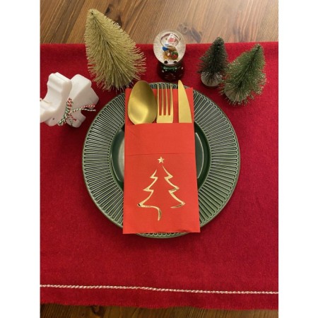 Gold Yaldızlı Yılbaşı Çam Ağacı Desenli 12 li Kırmızı Renkli Kağıt Cepli Peçete