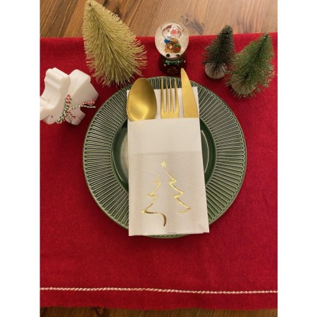 Gold Yaldızlı Yılbaşı Çam Ağacı Desenli 12 li Beyaz Renkli Kağıt Cepli Peçete