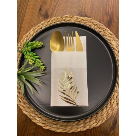 Gold Yaldızlı Beyaz Yaprak Cepli Aır Touch Peçete 12 lı 40x40
