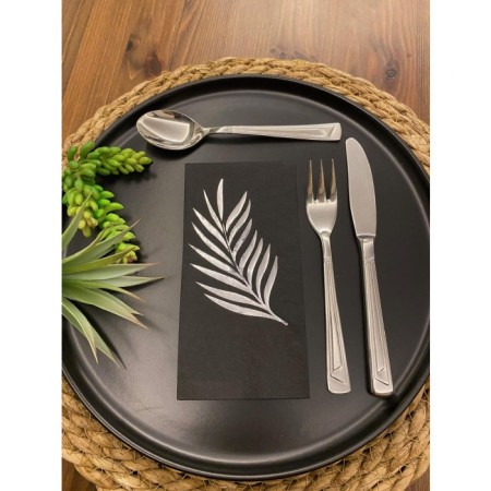 Gümüş Yaldızlı Siyah Yaprak Desenli Peçete 16 lı