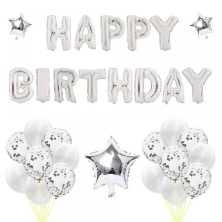 Happy Bırthday Gümüş Konfetili Balon Seti