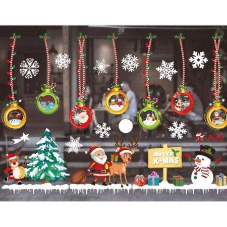 Yılbaşı Noel Sticker Renkli Kar Taneleri Çam Ağaçlı 70x50 cm