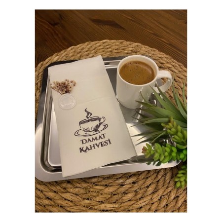 Siyah Yaldızlı Beyaz Mühürlü Çiçekli Damat Kahvesi Cepli Peçete