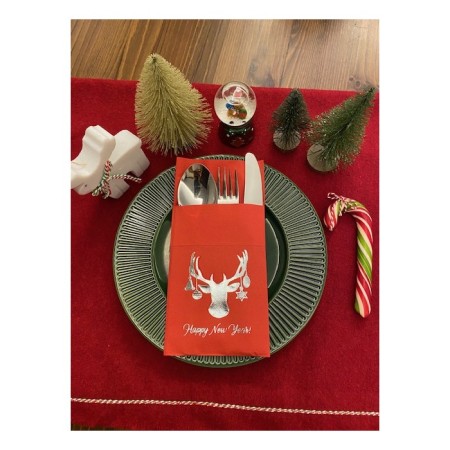 Gümüş Kırmızı Cepli Aır Touch Yılbaşı Geyik Modeli Peçete 12 Adet 40x40