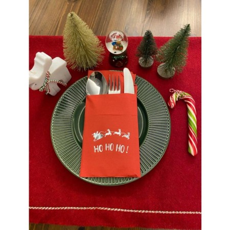 Gümüş Yaldızlı Yılbaşı Ho Ho Ho Desenli 12 li Kırmızı Renkli Kağıt Cepli Peçete