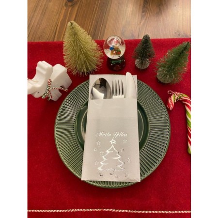 Gümüş Yaldızlı Beyaz Mutlu Yıllar Cepli Aır Touch Peçete 12 lı 40x40