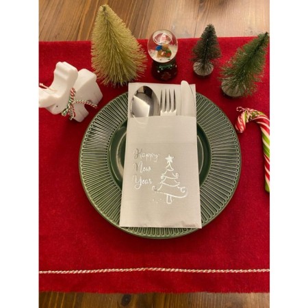 Gümüş Yaldızlı Beyaz Happy New Year Çam Ağacı Cepli Aır Touch Peçete 12 lı 40x40