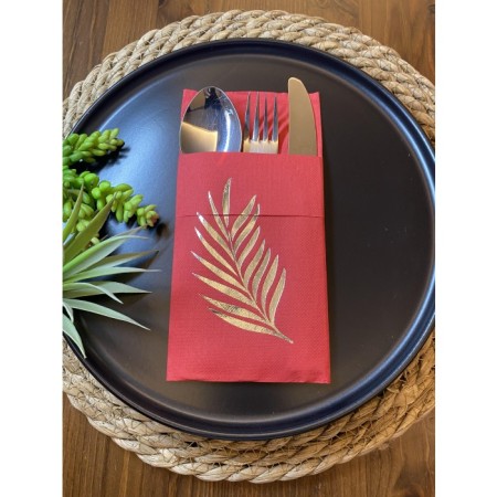 Gümüş Yaldızlı Kırmızı Yaprak Cepli Aır Touch Peçete 12 lı 40x40