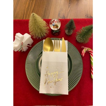 Gold Yaldızlı Yılbaşı Happy New Year 12 li Beyaz Renkli Kağıt Cepli Peçete