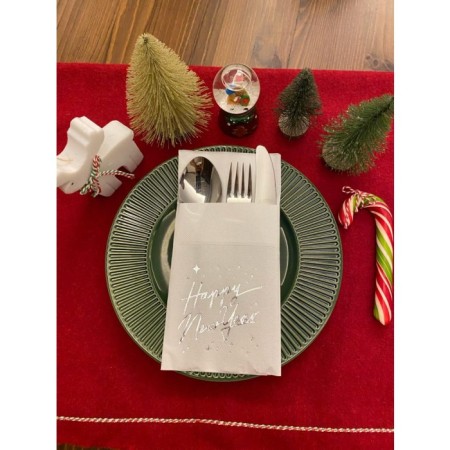 Gümüş Yaldızlı Yılbaşı Happy New Year 12 li Beyaz Renkli Kağıt Cepli Peçete