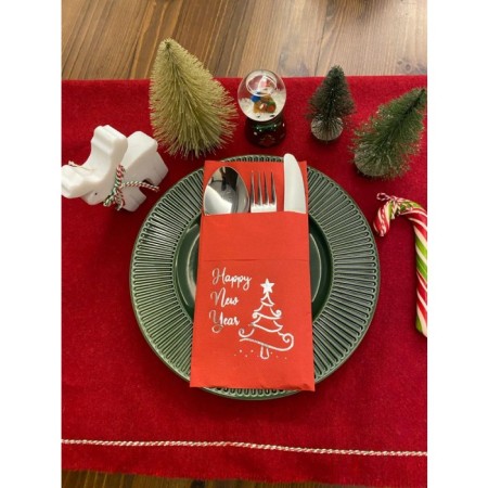 Gümüş Yaldızlı Kırmızı Happy New Year Çam Ağacı Cepli Peçete 12 lı 40x40