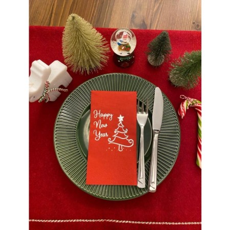 Gümüş Yaldızlı Kırmızı Happy New Year Çam Ağacı Peçete