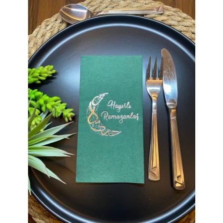 Gümüş Yaldızlı Hayırlı Ramazanlar Ay Desenli 16 lı Yeşil Renkli Kağıt Peçete