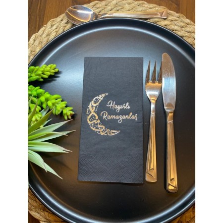 Gümüş Yaldızlı Hayırlı Ramazanlar Ay Desenli 16 lı Siyah Renkli Kağıt Peçete