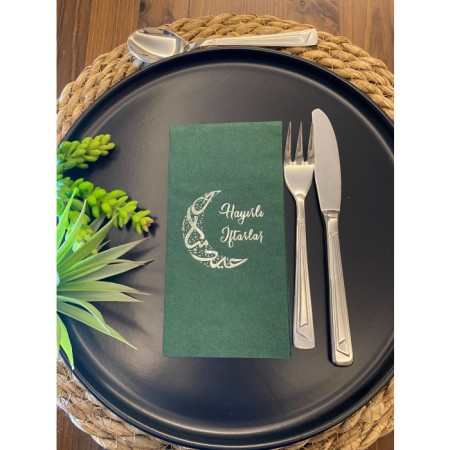 Gümüş Yaldızlı Hayırlı İftarlar Ay Desenli 16 lı Yeşil Renkli Kağıt Peçete