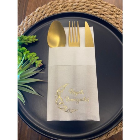 Gold Yaldızlı Hayırlı Ramazanlar Ay Desenli 12 li Beyaz Renkli Kağıt Cepli Peçete