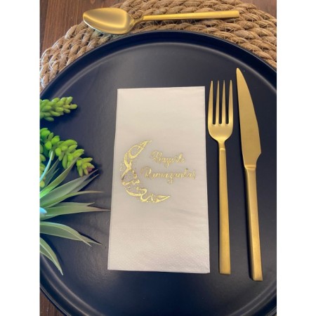 Gold Yaldızlı Hayırlı Ramazanlar Ay Desenli 16 lı Beyaz Renkli Kağıt Peçete