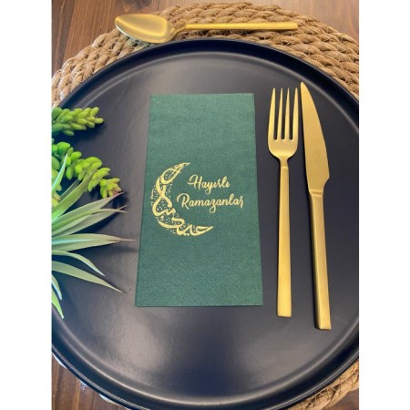 Gold Yaldızlı Hayırlı Ramazanlar Ay Desenli 16 lı Yeşil Renkli Kağıt Peçete