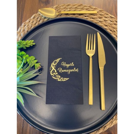 Gold Yaldızlı Hayırlı Ramazanlar Ay Desenli 16 lı Siyah Renkli Kağıt Peçete