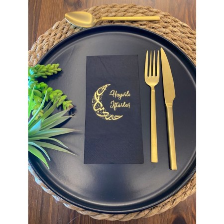 Gold Yaldızlı Hayırlı İftarlar Ay Desenli 16 lı Siyah Renkli Kağıt Peçete