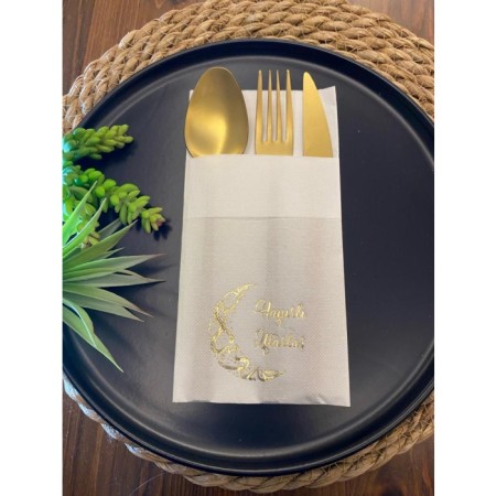 Gold Yaldızlı Hayırlı İftarlar Ay Desenli 12 li Beyaz Renkli Kağıt Cepli Peçete