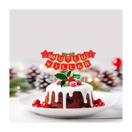 Pasta Üstü Mutlu Yıllar Yaldızlı Kırmızı