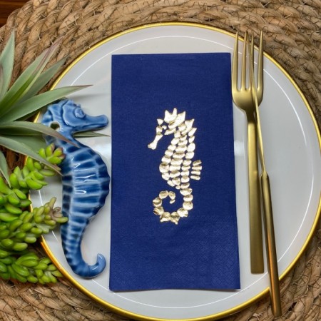 Gold Yaldızlı Lacivert Deniz Atı Garson Katlama Peçete