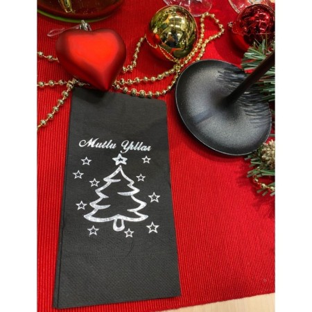 Gümüş Yaldızlı Siyah Mutlu Yıllar Çam Ağacı Garson Katlama Peçete