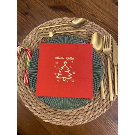 Gold Yaldızlı Kırmızı Mutlu Yıllar Çam Ağacı Kare Peçete 16 Adet