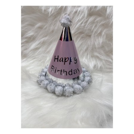 Happy Bırthday Yaldızlı Parti Şapka Gümüş Ponponlu 18 cm