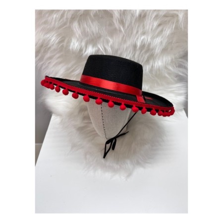 İspanyol Şapka Kırmızı Ponponlu Siyah Renk 53x54 cm