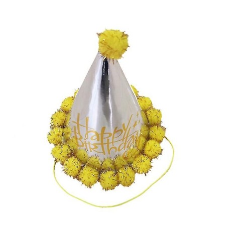Happy Bırthday Parlak Parti Şapka Sarı Ponponlu 19 cm