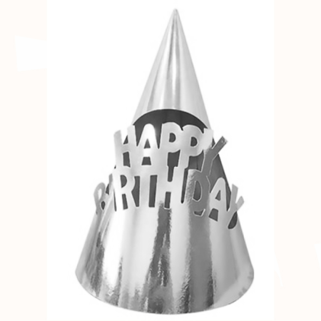 Metalize Gümüş Happy Bırthday Karton Şapka 4 Adet