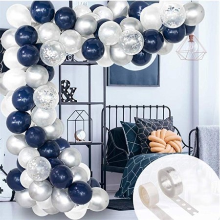 Gece Mavisi Beyaz Gümüş Konfetili Balon Zincir Seti