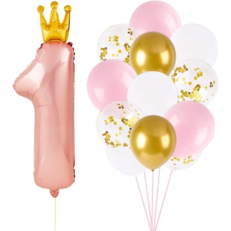 Taçlı 1 Rakam Pembe Folyo Balon Seti