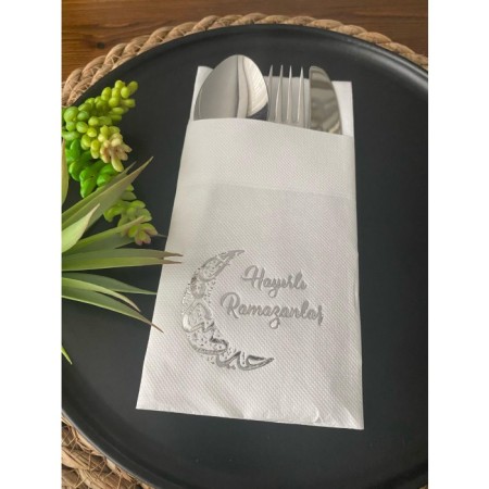 Gümüş Yaldızlı Hayırlı Ramazanlar Ay Desenli 12 li Beyaz Renkli Kağıt Cepli Peçete