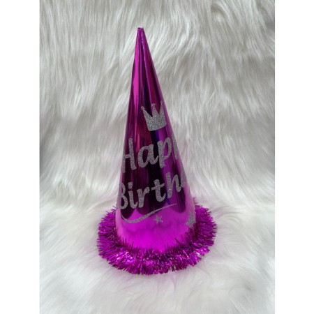 Happy Bırthday Simli Baskılı Fuşya Şapka 35 cm