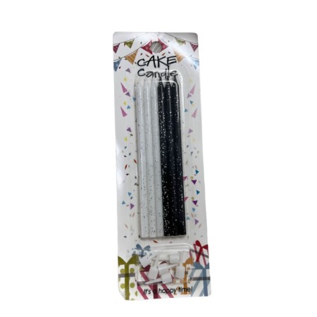 Siyah Beyaz Parıltılı Siyah İnce Mum 14 cm  6 lı