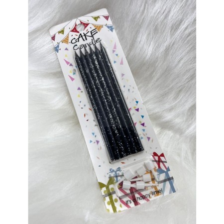 Siyah Parıltılı Siyah İnce Mum 14 cm 6 lı