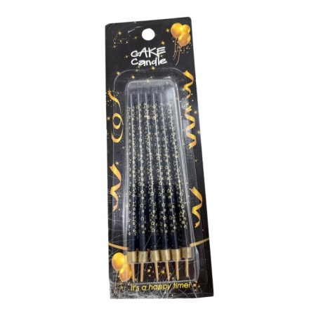 Siyah Üzeri Yıldız Baskılı İnce Mum 14 cm 6 lı